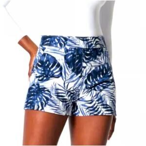 New Spanx Women's Blue White On-The-Go Tropical Print Pull-On Shorts Size XL